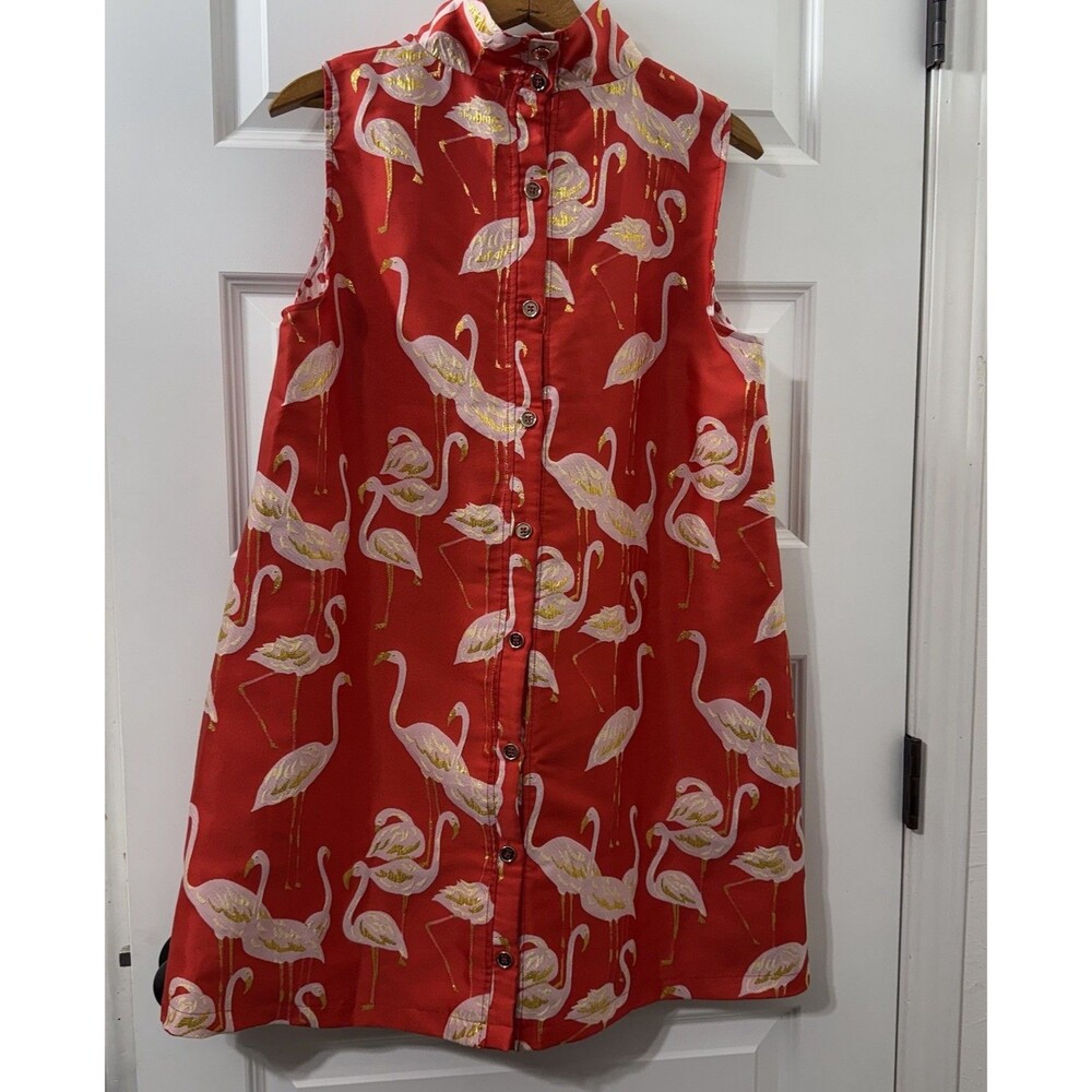 BURU Mod Flamingo Sleeveless A-Line Mini Dress Red Metallic Gold Sz M Beach Glam